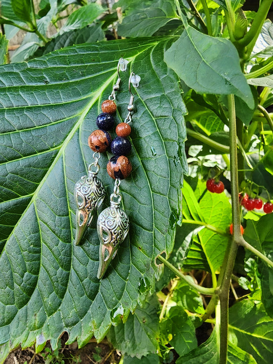 Goldstone Raven Skull Earrings